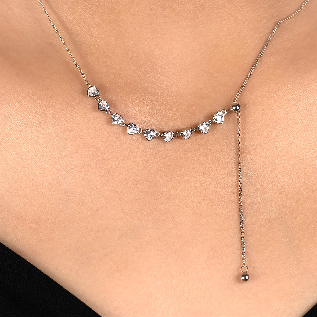 Silver Diamond Hearts Linked Pendant With Chain